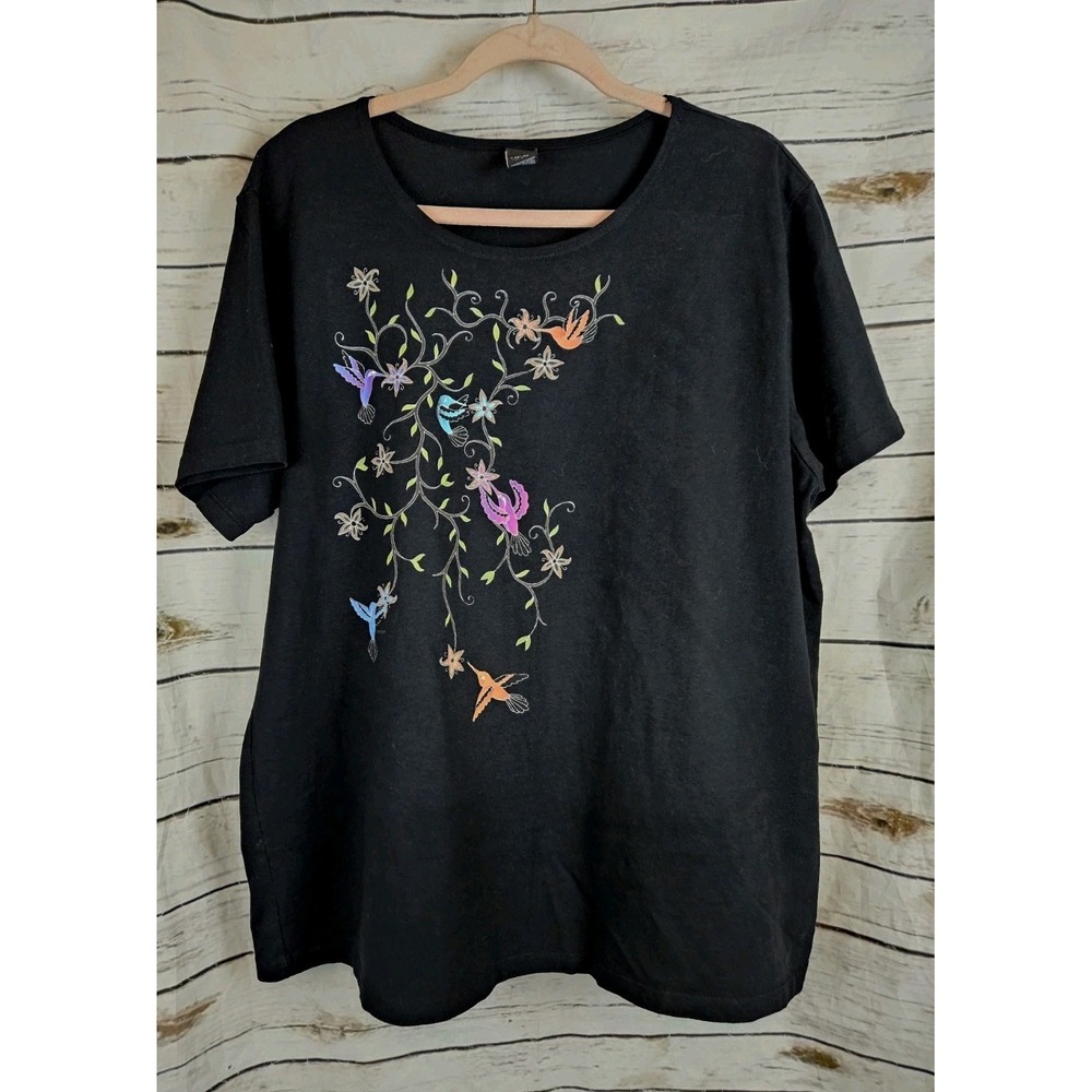 Sabaku Black Bird Floral Graphic T-Shirt XL Tunic Art to Wear 100% Cotton